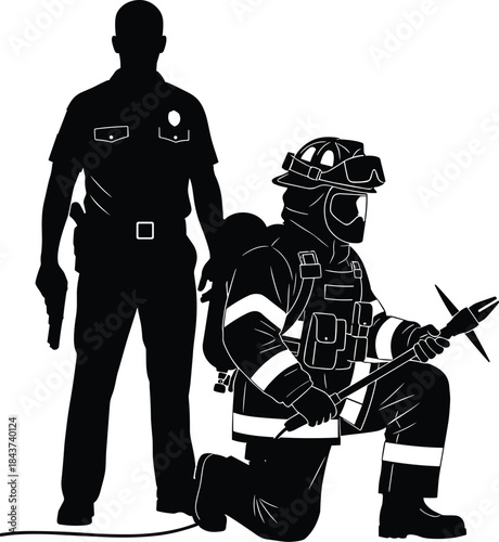 Black Silhouette of a Standing Police Officer with a Handgun and a Kneeling Firefighter in Full Gear Holding an Axe, Representing Emergency First Responders and Public Safety