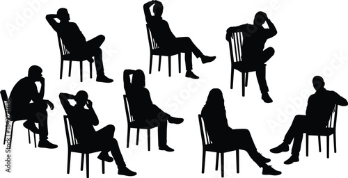 Silhouette Set of People Resting, Thinking, and Waiting on Wooden Chairs: Relaxed Poses of Men and Women Sitting in Contemplation or Taking a Break