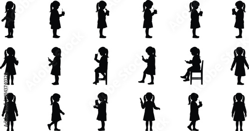 Black Silhouette Set of a Little Girl Posing, Standing, Walking, Sitting, Drinking, and Using a Smartphone, Representing Childhood Activities and Behavior
