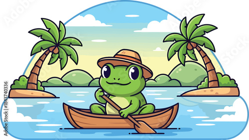 Playful frog in a small wooden boat.