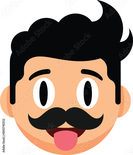 Funny man face emoji vector illustration with mustache and tongue out, cartoon character icon for social media