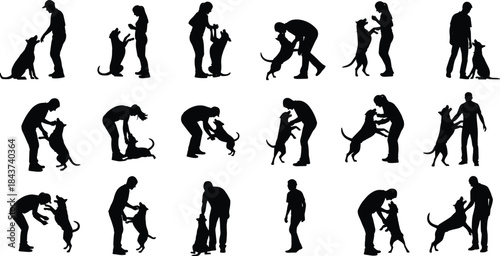 Here is an SEO-optimized title and a comprehensive list of keywords for the silhouette image showing various interactions between people and dogs