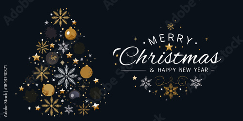 Festive christmas tree made of golden stars and ornaments with merry greetings