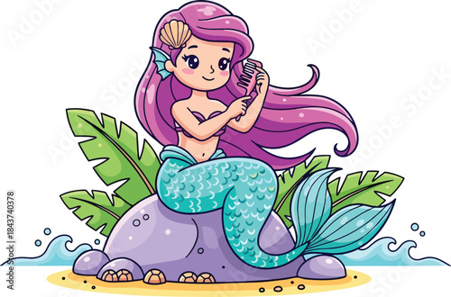 Playful Mermaid Sitting on a Rock Illustration.