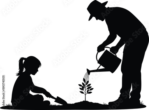 Silhouette of a father and daughter bonding by planting a sapling together, teaching environmental responsibility and family togetherness in a garden setting