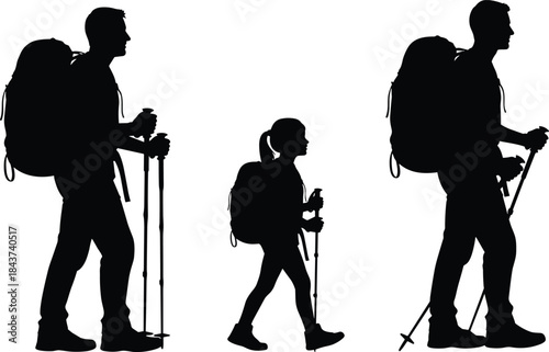 Silhouettes of a father and daughter hiking or trekking with backpacks and poles, representing adventure, family travel, and outdoor mountain expeditions
