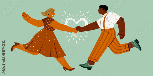 A joyful couple running toward each other hands almost touching with sparks