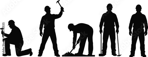 Silhouettes of Construction Workers and Laborers in Hard Hats Performing Different Manual Tasks, Including Digging, Hammering, Kneeling, and Standing with Tools, on a Job Site