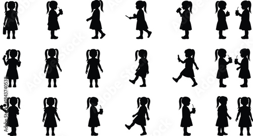 Silhouettes of adorable little girl cartoon characters showcasing various poses and activities: standing, walking, drinking, and playing, perfect for children's designs