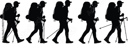 Silhouettes of male and female hikers walking with large backpacks and trekking poles, illustrating adventure, travel, exploration, and outdoor sports