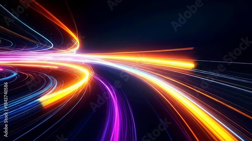 Abstract Digital Particle Trails Flowing Across Black Background with Vibrant Orange Blue and Purple Colors