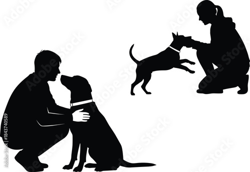 Silhouettes of People Interacting with Dogs, Showcasing Training, Care, and Affection: Man and Woman Petting and Playing with Their Loyal Animal Companions