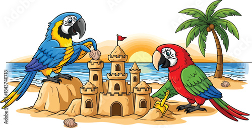 Two colorful parrots perched together in bright colors.