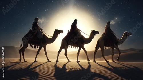Three figures riding camels traverse the glowing desert dunes beneath a spectacular starry night sky guided by a brilliant celestial light
