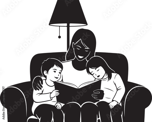 Mother Reading a Book to Children – Bedtime Story Silhouette
Loving Mother and Kids Reading Together at Home
Family Reading Time with Mother and Children Illustration