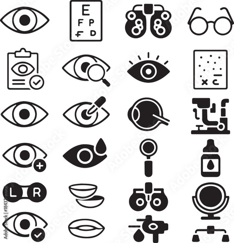 Isolated Ophthalmology Icon Set, Ophthalmology Icons Collection, Eye Care Medical Symbols, Vision Health Icons, Black Vector Medical Icons, Minimal UI Healthcare Icons