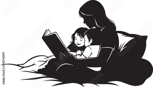 Mother Reading a Book to Children – Bedtime Story Silhouette
Loving Mother and Kids Reading Together at Home
Family Reading Time with Mother and Children Illustration