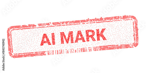AI Mark digital stamp vector illustration isolated on white. Dotted red seal for artificial intelligence content labeling, neural network watermark, machine learning validation, and tech