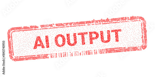 AI Output red vector digital stamp constructed from stippled dots for artificial intelligence technology concepts. Electronic watermark label for machine learning data verification and tech business