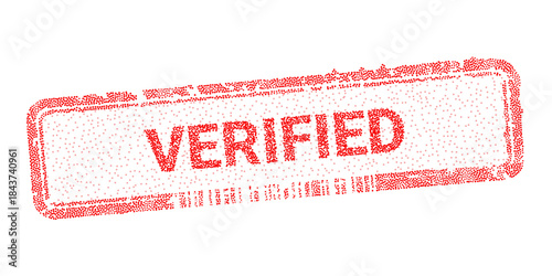 Red verified digital stamp created with dotted pointillism style isolated on white. Electronic commerce validation symbol and security check mark concept for business data protection vector