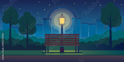 A peaceful park scene with a glowing lamppost and wooden bench at night