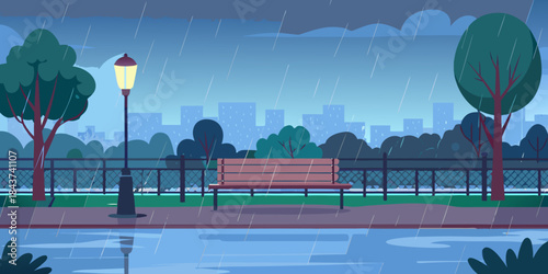 A rainy cityscape park scene with a bench and glowing streetlamp