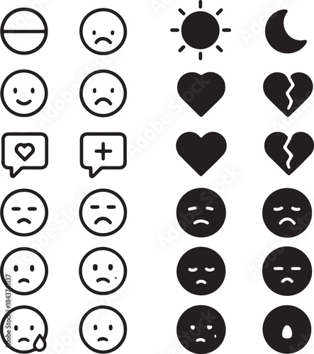 Isolated Mood Icon Set, Mood Icons Collection, Emotion Expression Symbols, Feeling Psychology Icons, Black Vector Mood Icons, Minimal UI Emotion Icons, Outline And Solid Mood Design