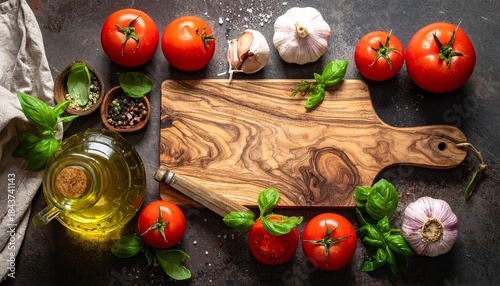 Fresh Vegetables and Herbs with Wooden Cutting Board on Rustic Table