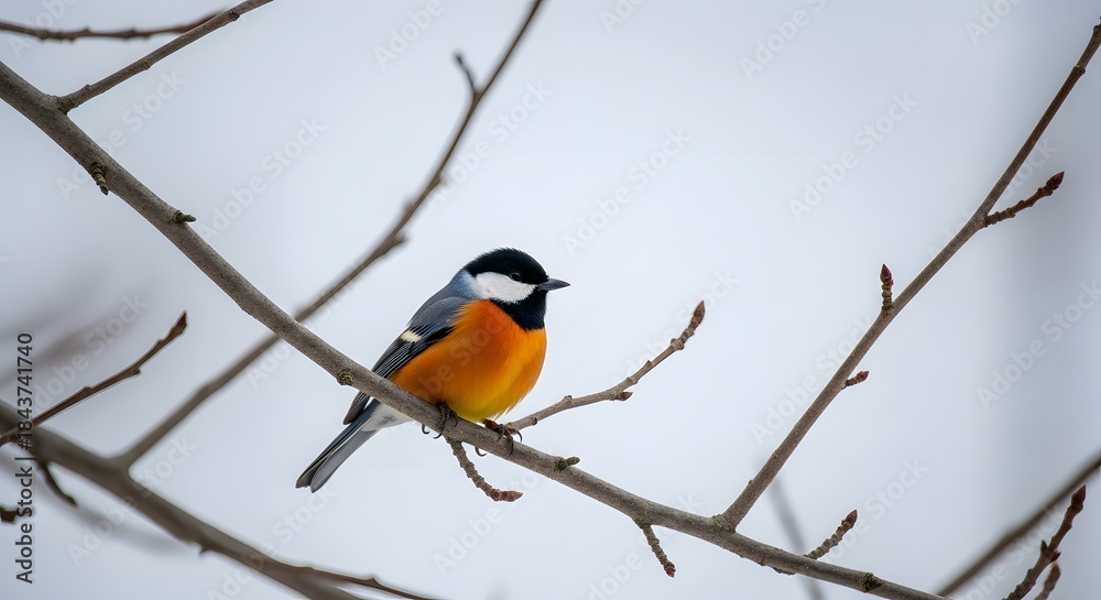 Fototapeta premium A varied tit perched on a branch against a blurred white background in winter season outdoors