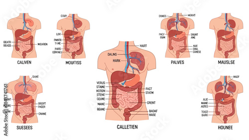 Anatomical illustrations of the human digestive system with labels for organs and sections