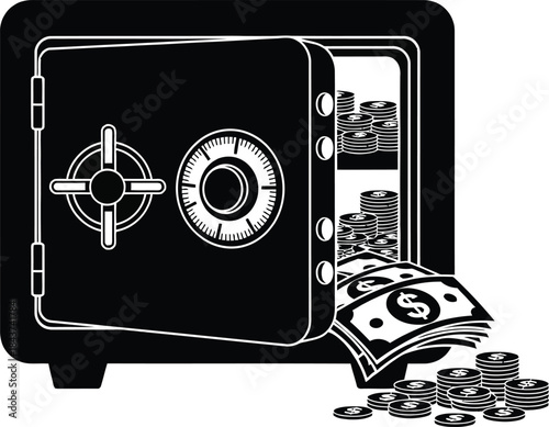 Black and white icon of an open safe filled with money and coins
