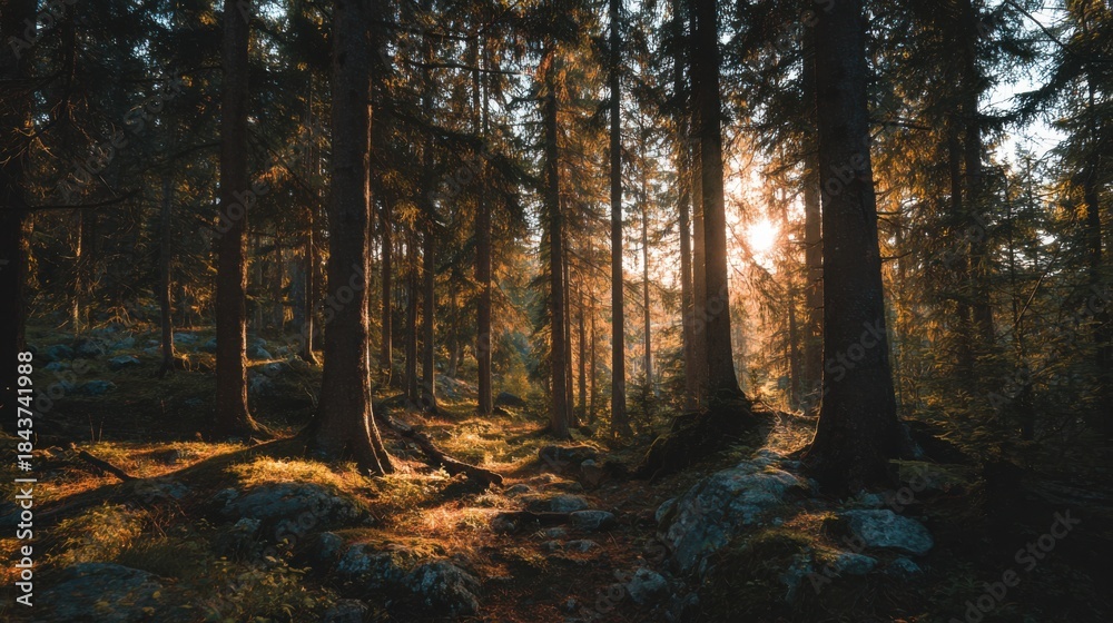 Obraz premium photography of the forest in golden hour, cinematic scene 