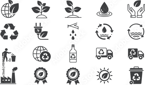 Sustainability and eco friendly vector icon set with recycling, renewable energy, water conservation, waste management, environment protection, and green technology symbols