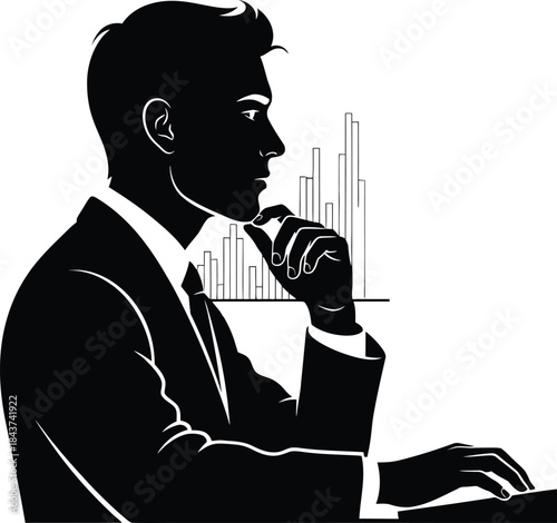Silhouette of a businessman in a suit thinking with a graph.