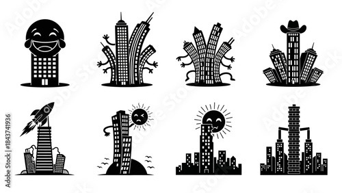 Black and white cartoon illustrations featuring funny skyscrapers with smiling faces cowboy hats waving arms and a sun character representing lively urban life and animated cityscapes