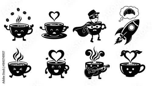 Adorable cartoon coffee cups set showing various happy characters including superhero cup singing cup and rocket icon suggesting caffeine boost ready for branding packaging or fun print designs