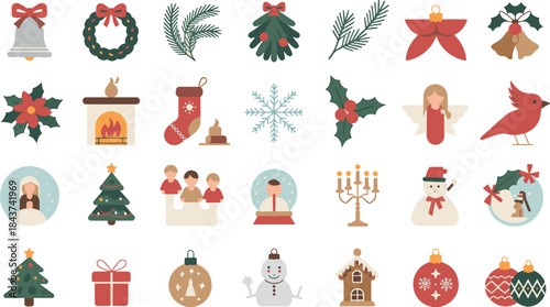 Set of 24 Christmas & Holiday Icons in Flat Vector Style for Greeting Cards, Marketing, and Festive Design Projects