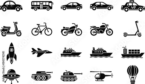 Transportation vehicle silhouette icon set with cars, bikes, buses, ships, aircraft, military vehicles, helicopters, scooters, and futuristic transport symbols