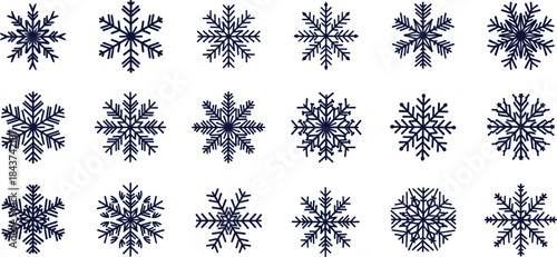 Snowflake icon set with decorative winter crystal shapes, symmetrical frost patterns, and seasonal cold weather symbols