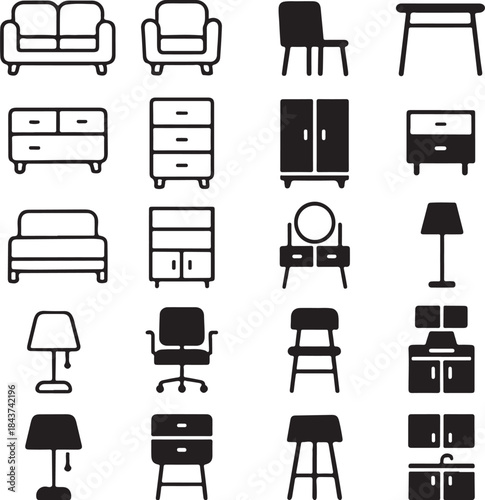 Isolated Home Furniture Icon Set, Home Furniture Icons Collection, Interior Design Symbols, Household Furniture Icons, Black Vector Furniture Icons, Minimal Interior UI Icons