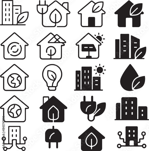 Isolated Green Building Icon Set, Green Building Icons Collection, Eco Architecture Symbols, Sustainable Design Icons, Black Vector Eco Icons, Minimal Sustainability UI Icons
