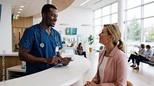 Healthcare Professionals Engaging in Patient Consultation at Modern Hospital Reception Area