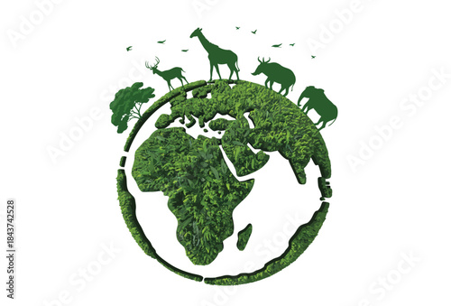 wildlife silhouette on earth, illustrating a wildlife conservation concept with animals forming a global shape, symbolizing nature protection, environmental awareness, sustainability, and biodiversity