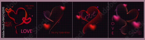 Valentine's day posters, covers, cards set. Line art hearts with dotts. Heart-shaped curves. Brutalist style gradient line heart. Bright neon shades. Love party flyer, music festival concept