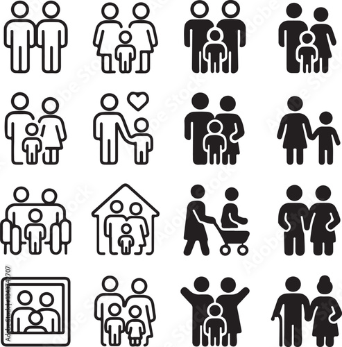 Isolated Family Icon Set, Family Icons Collection, Family Care Symbols, Home Relationship Icons, Black Vector Family Icons, Minimal Lifestyle UI Icons, Family Outline And Solid Icons