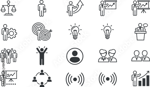 Business and teamwork vector icon set featuring leadership, strategy, growth, communication, collaboration, presentation, analytics, and professional management symbols in clean outline style