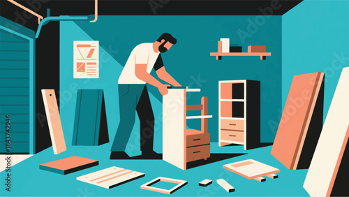 Illustration Of Person Assembling Flat-Pack Furniture In A Garage, Surrounded By Parts And Instructions Vector Design Template