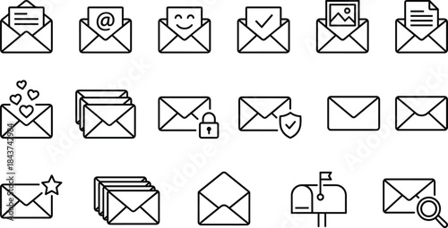 Email Communication and Messaging Line Icons Set: Envelope, Mailbox, Locked Message, Unread, Favorite, and Secure Inbox Symbols for Digital Design Vector Collection