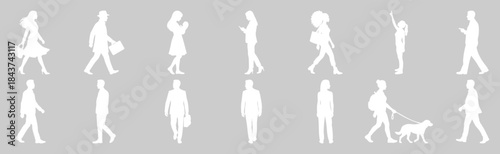  White People Silhouettes Walking and Standing on Gray Background – Urban Lifestyle Human Figure Set