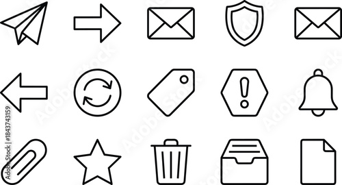 Messaging and User Interface Line Icons Set: Email, Notification, Security, Navigation Arrows, Attachments, and Basic Actions for Digital Design Vector Collection